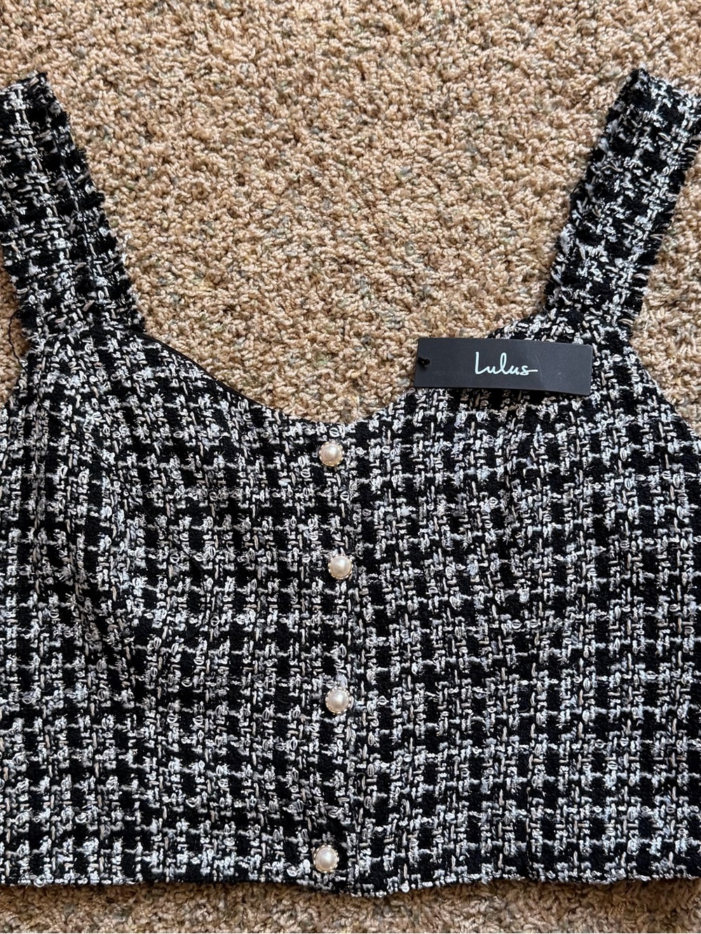 Lulu's Black and White Tweed Pearl-Button Crop Top